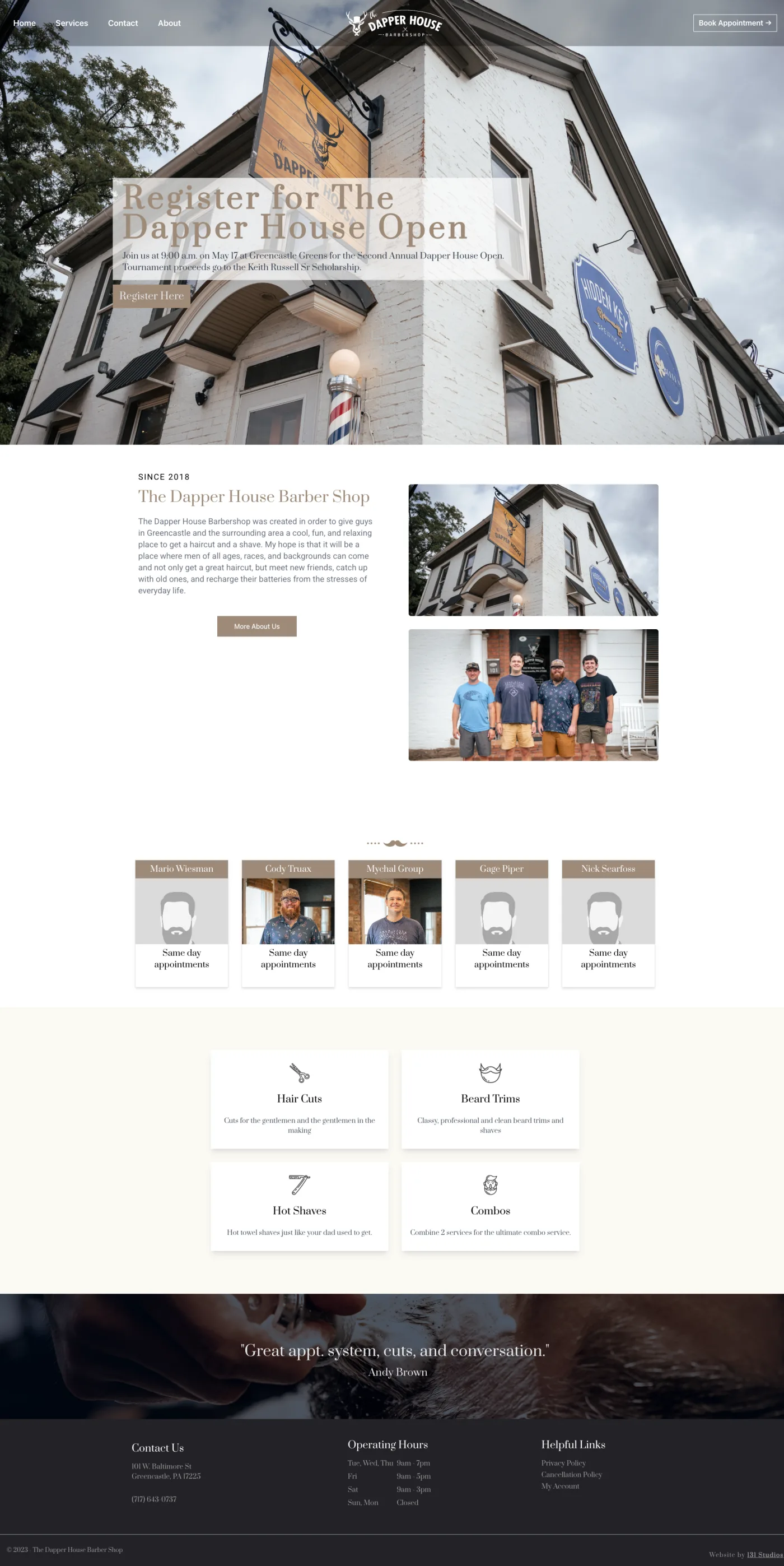 Dapper House Barber Shop website homepage with online booking